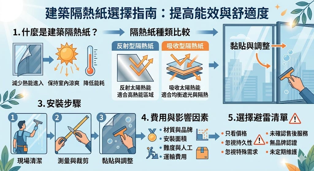 建築隔熱紙是一種有效減少室內熱量進入、提升能源效率的建材材料。它能反射或吸收太陽熱能，幫助保持室內涼爽並減少空調使用。選擇合適的建築隔熱紙能降低能源成本、提高室內舒適度，並延長建材的使用壽命。不同類型的隔熱紙，如反射型與吸收型，適用於不同的建築需求與環境條件。無論是商業建築還是住宅，選擇正確的建築隔熱紙都能顯著提升整體能效與舒適度。